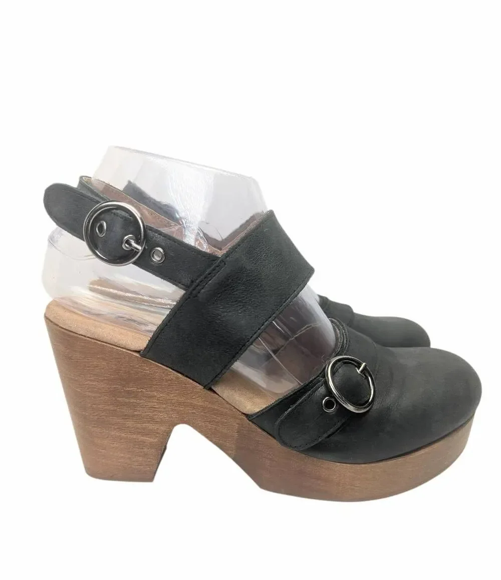 Free People Park Circle Black leather & wood platform slingback heel 38 EU 7.5